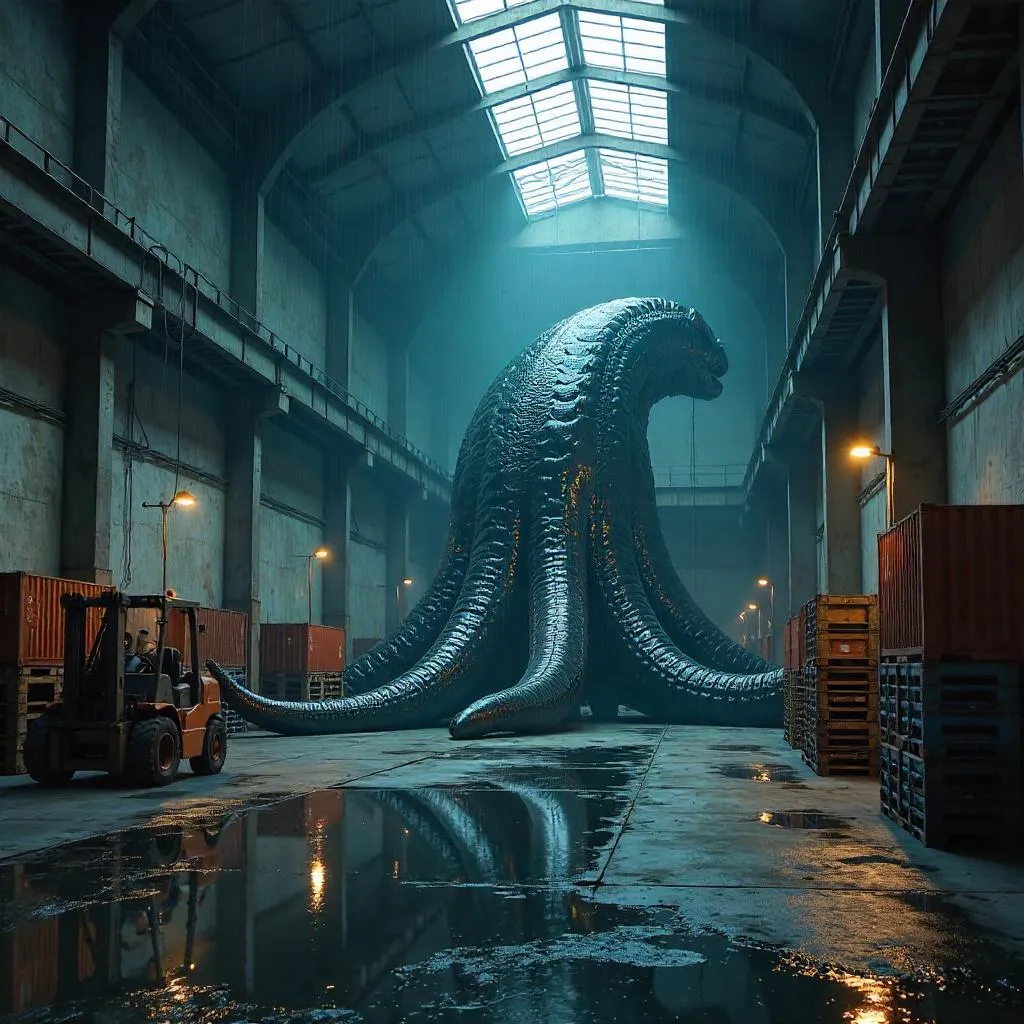 Kraken in a Dim Industrial Warehouse