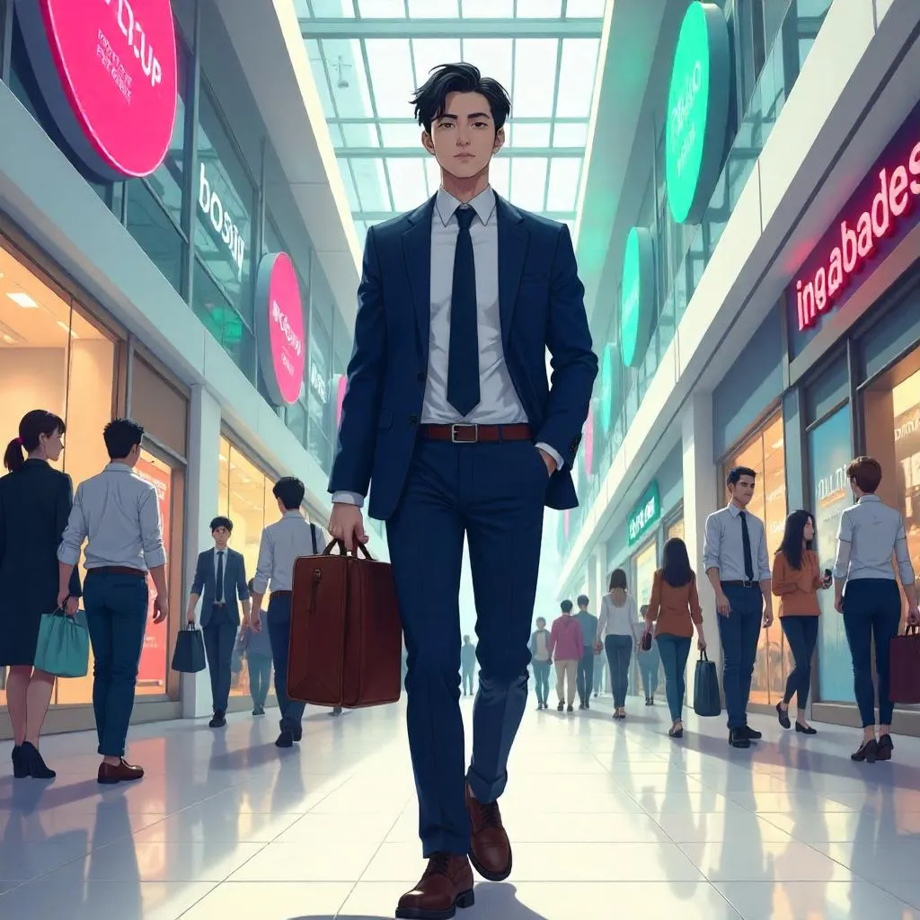 Anime-Style Professional Asian Man in a Modern Shopping Mall