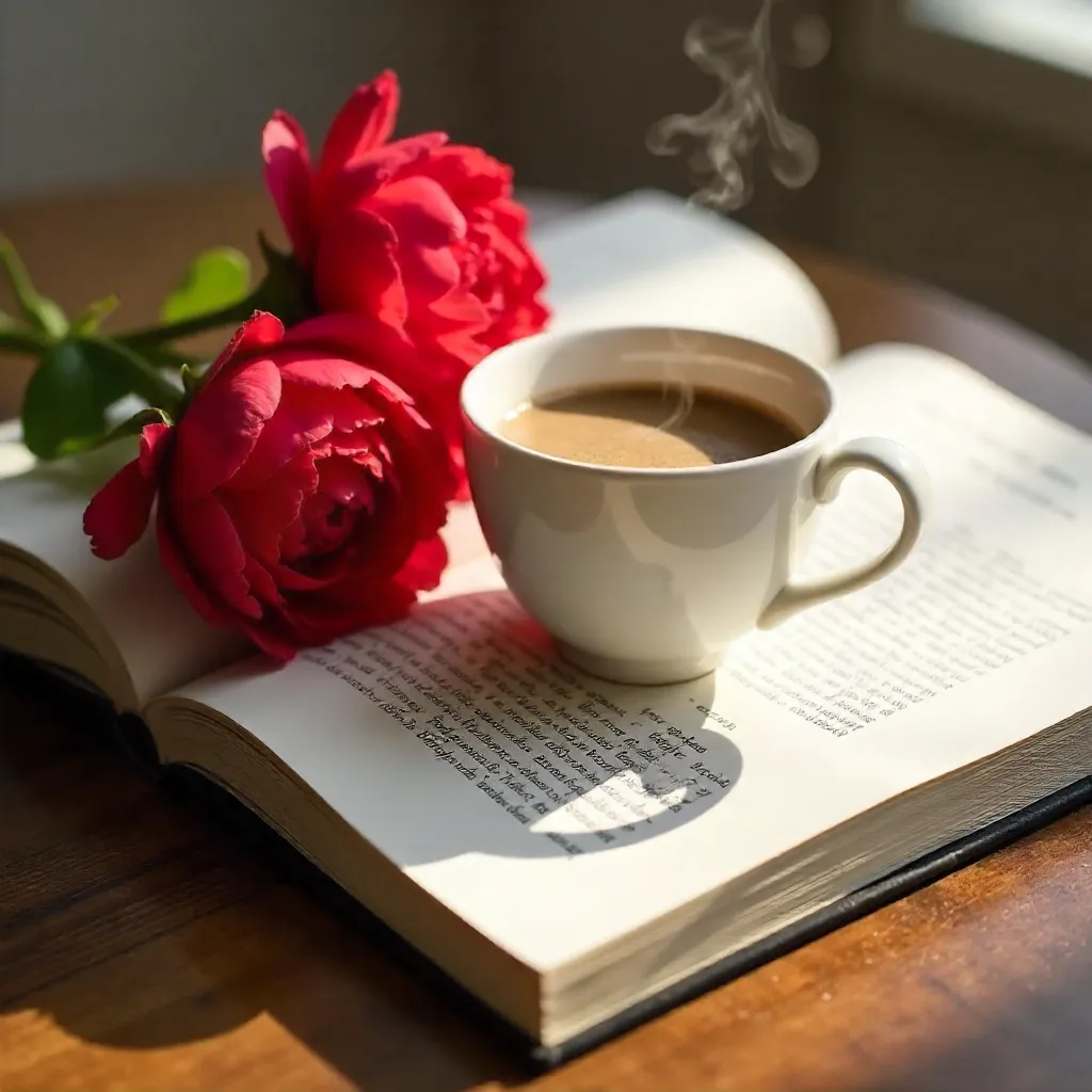 Cozy Coffee and Red Flowers on a Design Book