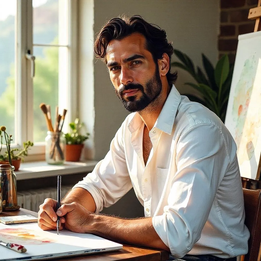 Studio Watercolor Portrait: Handsome Middle Eastern Man
