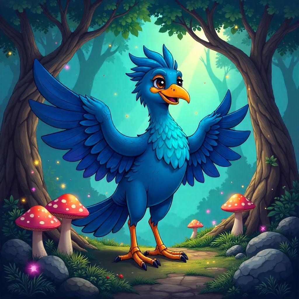 Cartoon Thunderbird in an Enchanted Grove