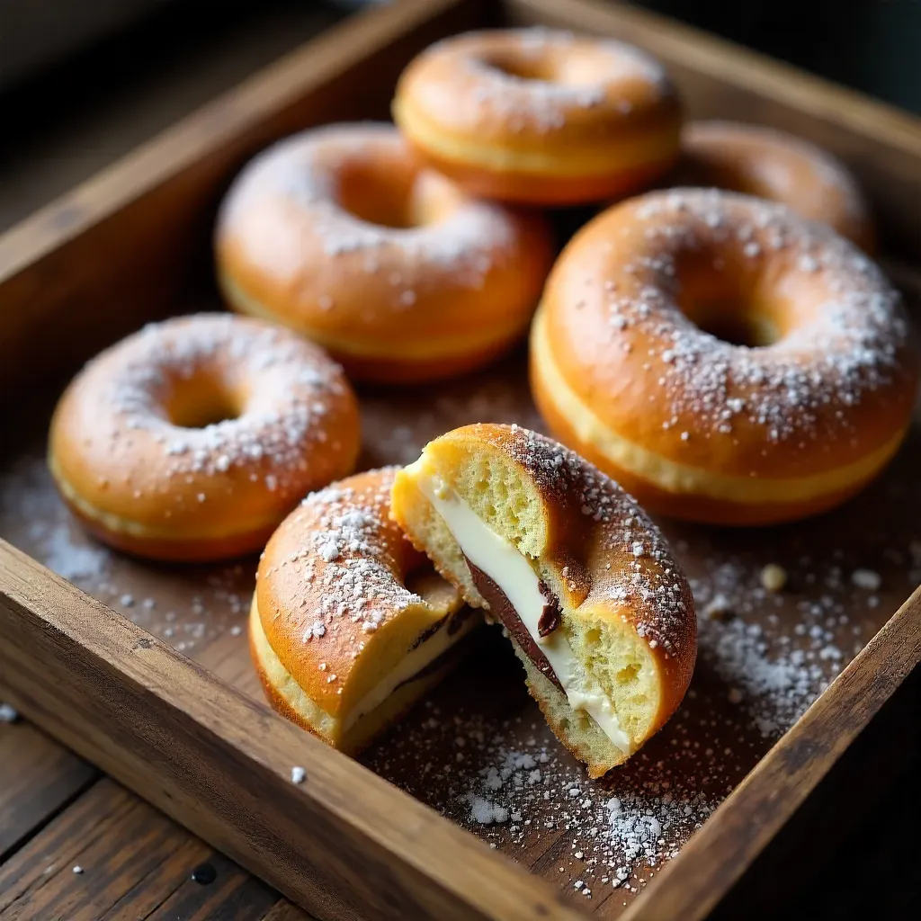 Fresh Artisan Doughnuts: Vanilla and Chocolate Cream on a Tray