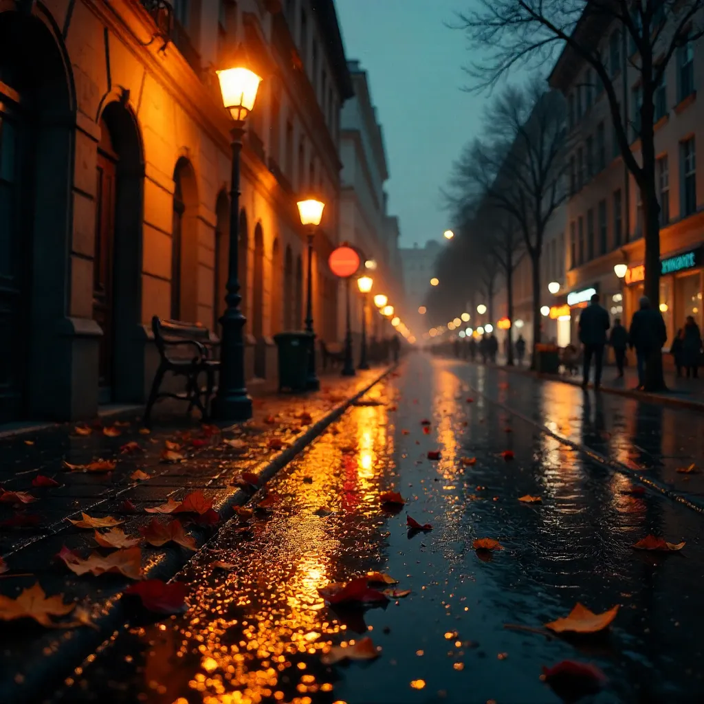Moody Rainlit Autumn Street Lamps and Reflections