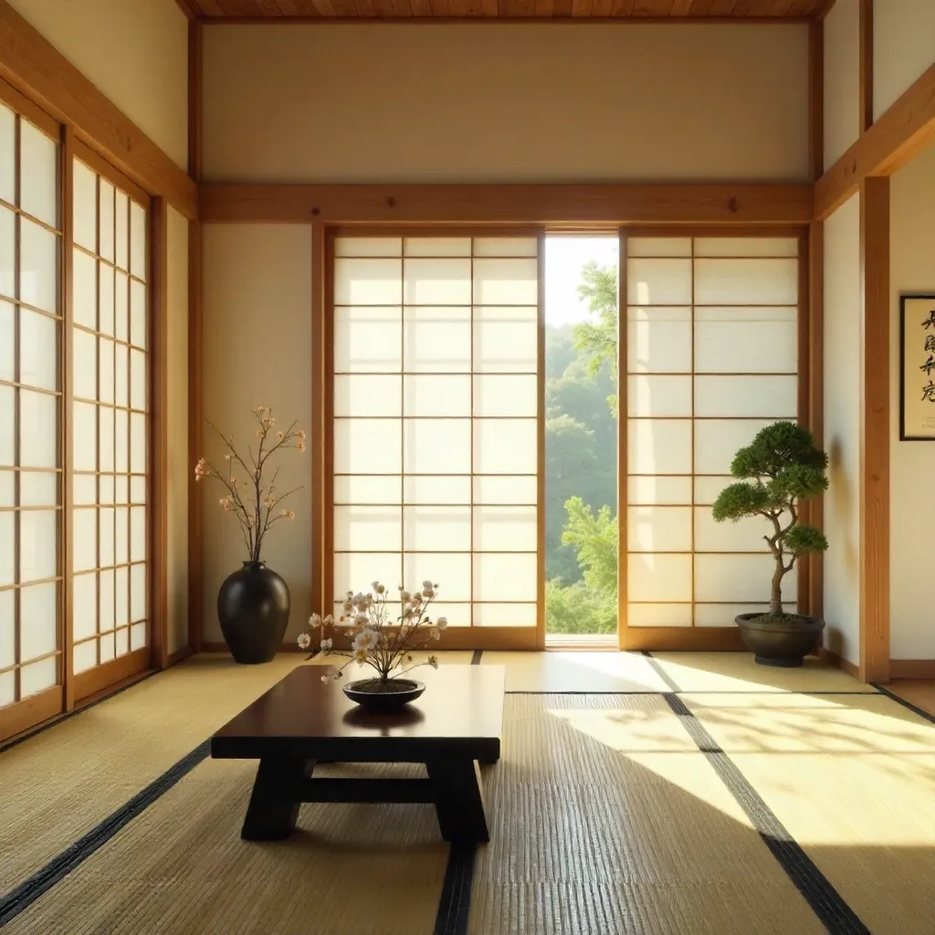 Serene Japanese Room with Shoji and Sunlit Shadows