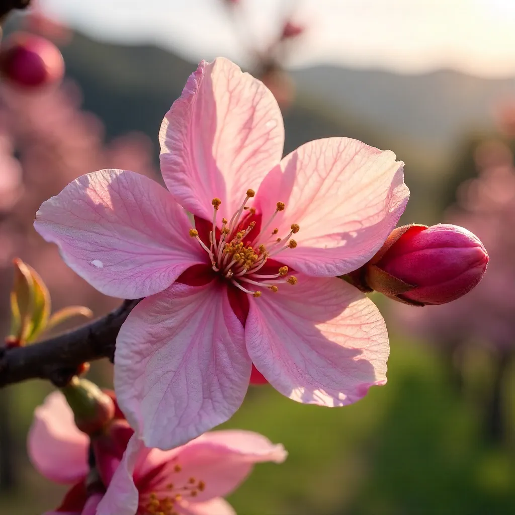 Macro Pink Peach Blossoms in Napa Valley Spring