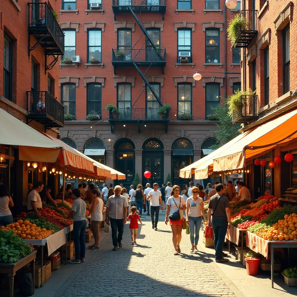 Vibrant Market in Front of a Vintage Block