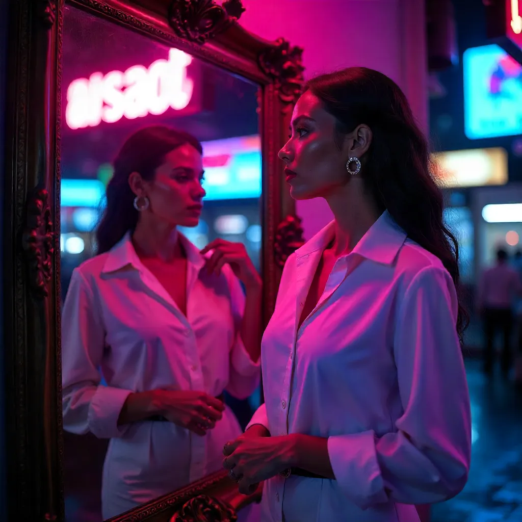 Neon Mirror: Urban Chic in White Shirt