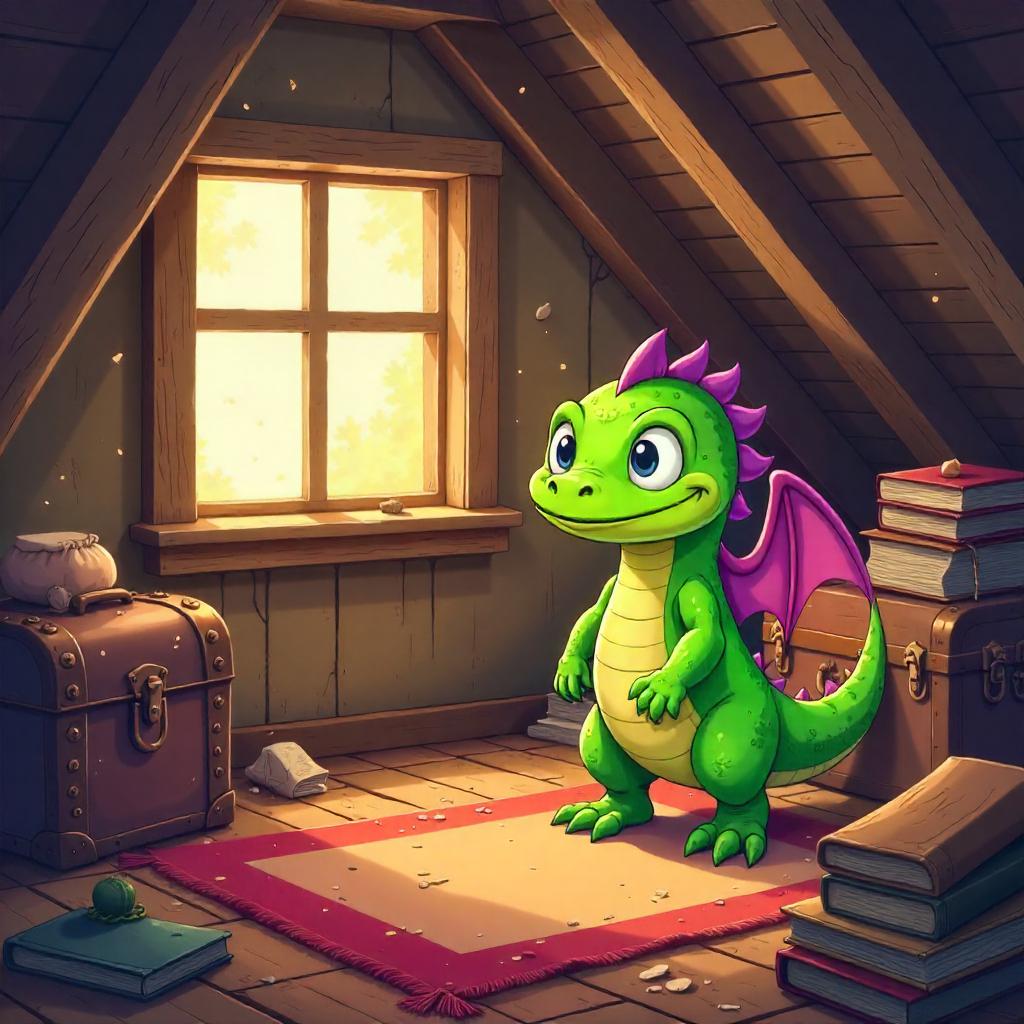Playful Cartoon Wyvern in a Dusty Attic
