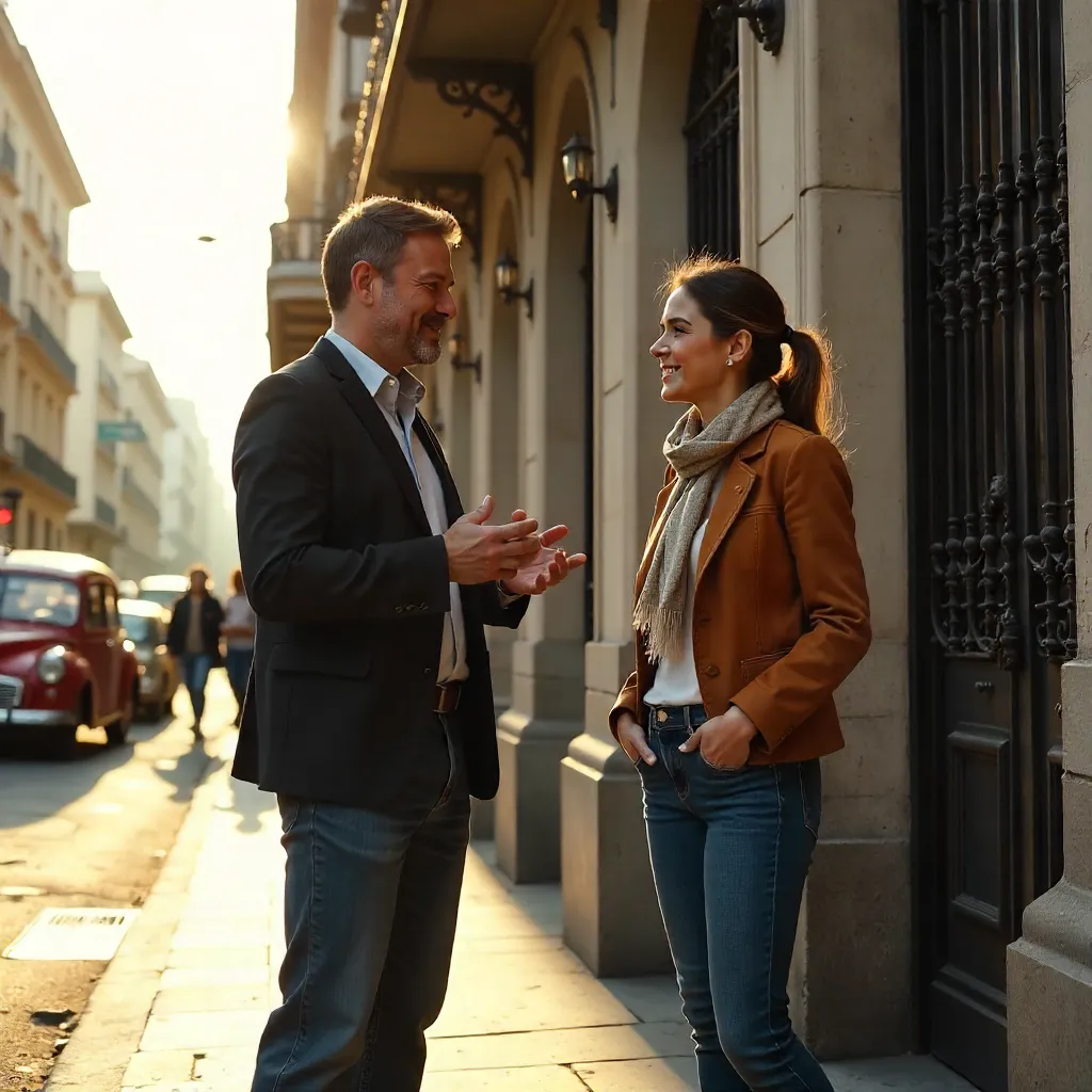 Two Adults Converse in Front of a Porteño Facade