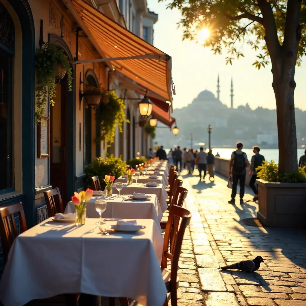 Sunlit Istanbul Café with Neatly Set Tables