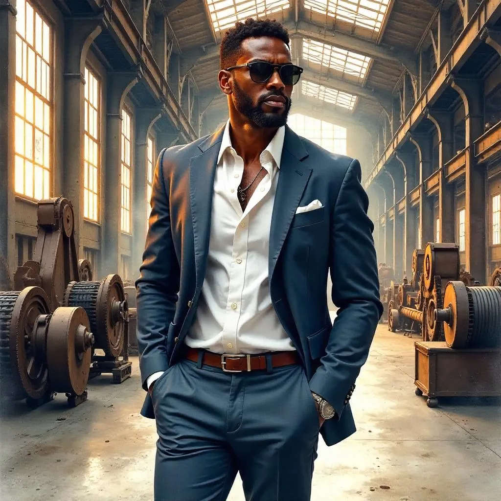 Watercolor Grace: A Stylish Black Man in a Factory