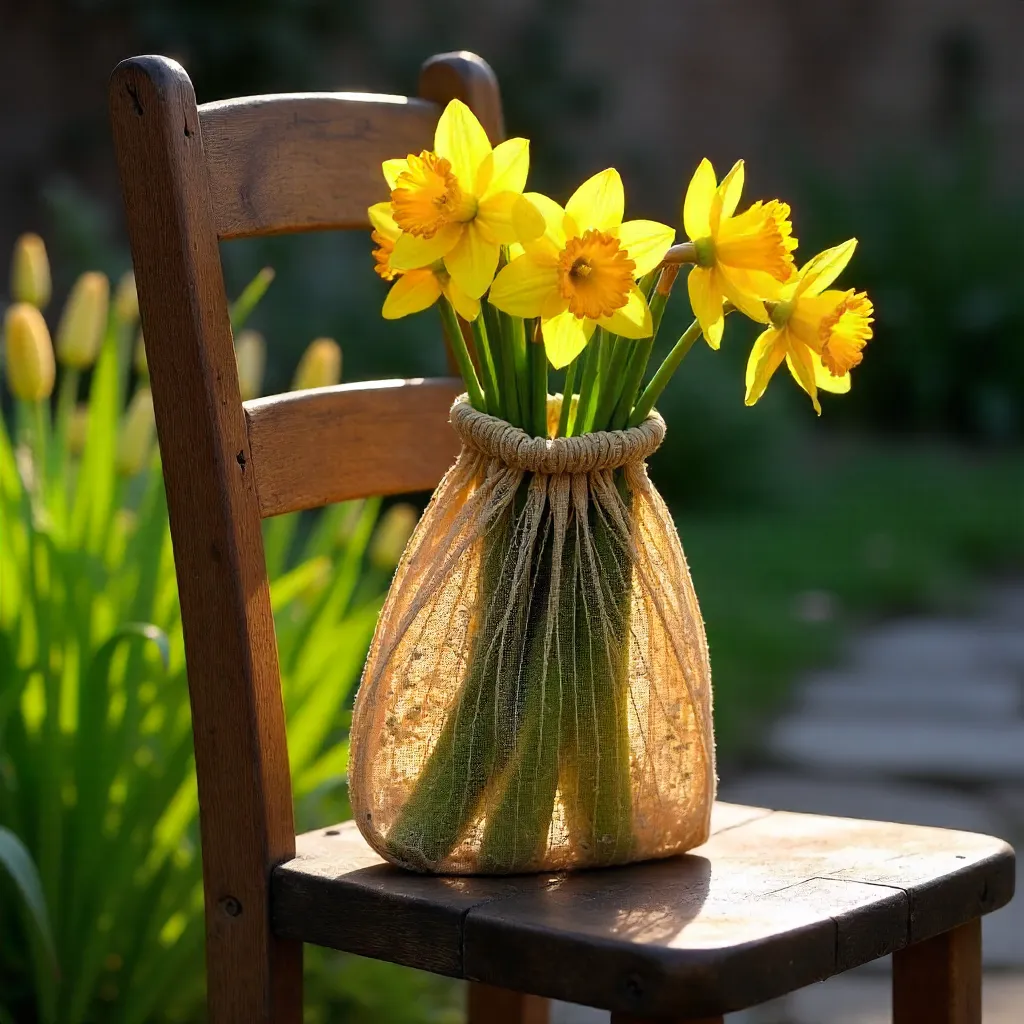 Daffodils in a Mesh Bag on a Rustic Chair