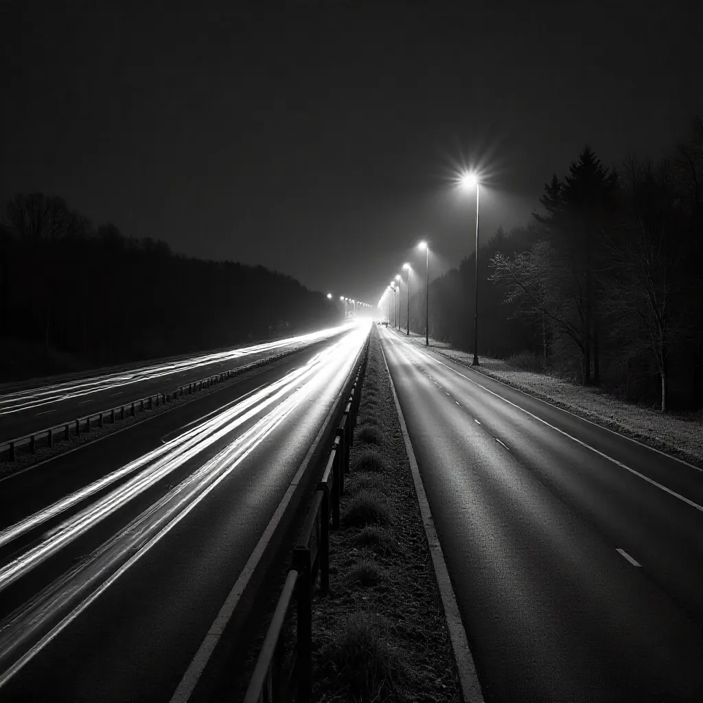 Huskvarna Night: Monochrome Highway Light Trails