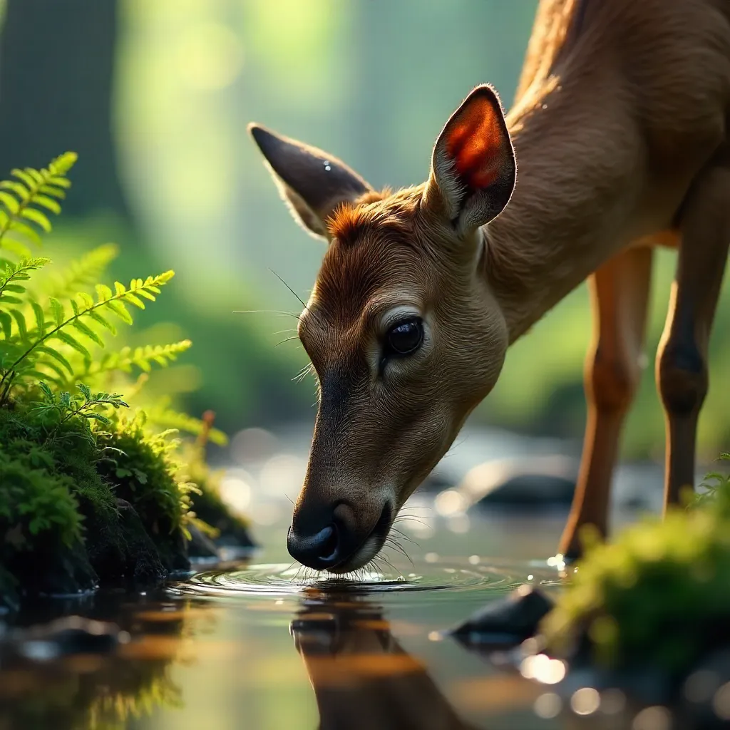 Close-Up Deer Drinking at a Mossy Stream