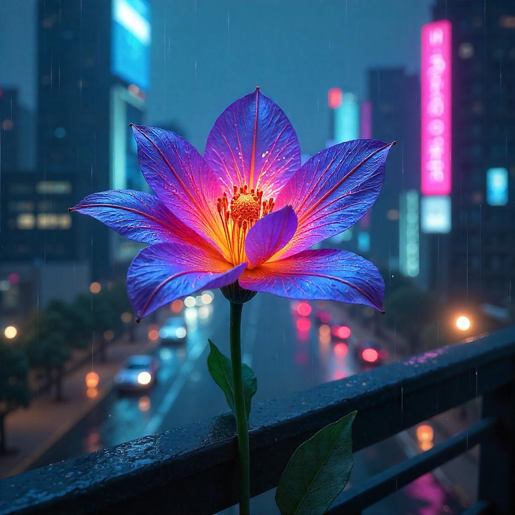 Neon Bloom: Flower in a Cyberpunk Metropolis