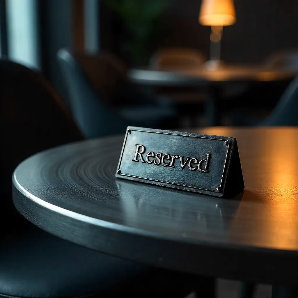 Reserved Sign on Circular Metallic Table in Dim Light