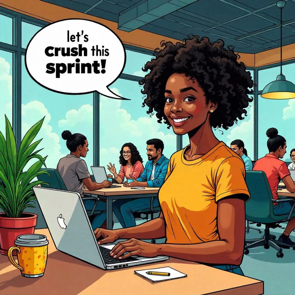 Cheerful Black Girl in a Comic Coworking Space