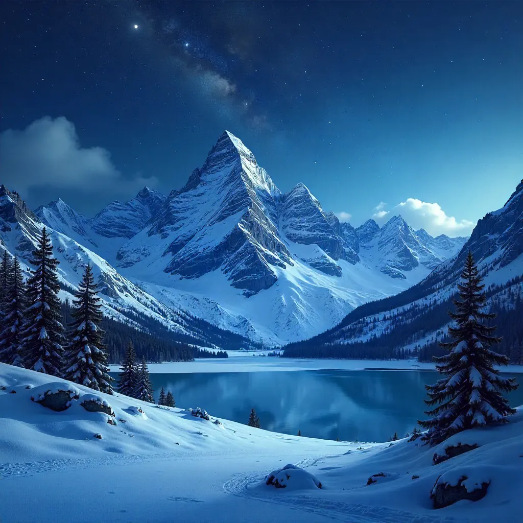Starlit Snowy Peaks: A Nighttime Panorama