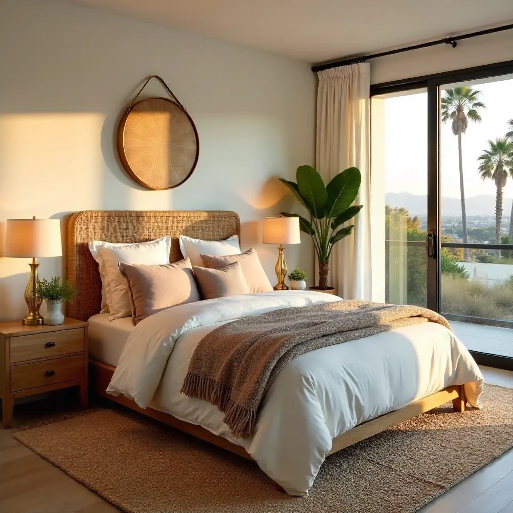 Elegant LA Bedroom with Rattan Headboard and Plush Pillows