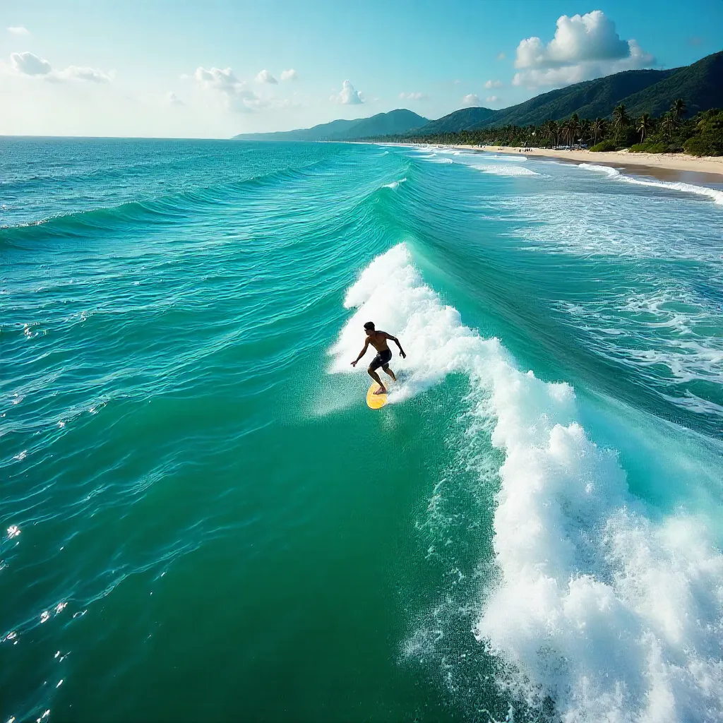 Aerial Surfer Riding a Turquoise Brazilian Wave