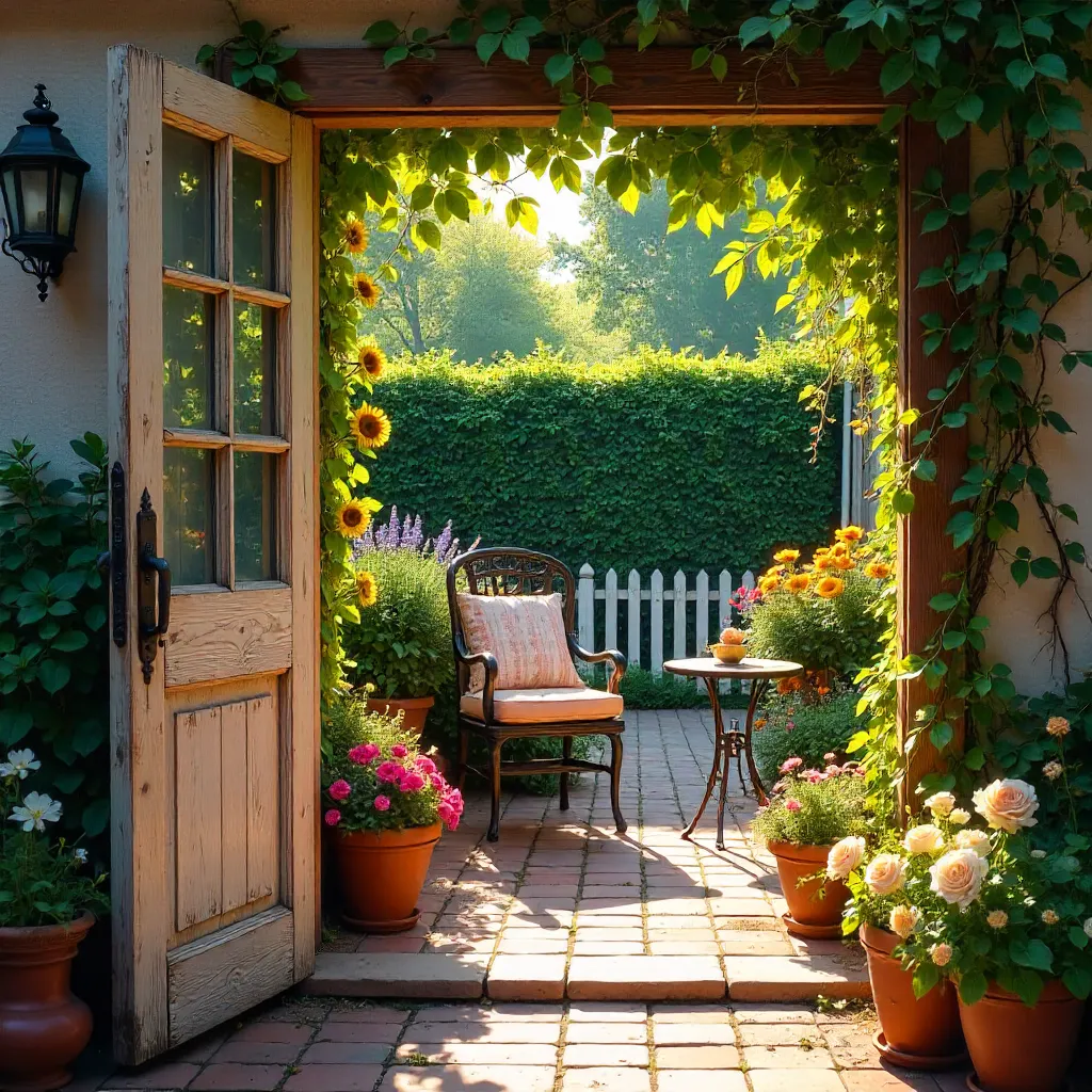 Rustic Door to a Sunlit Flower Garden Patio