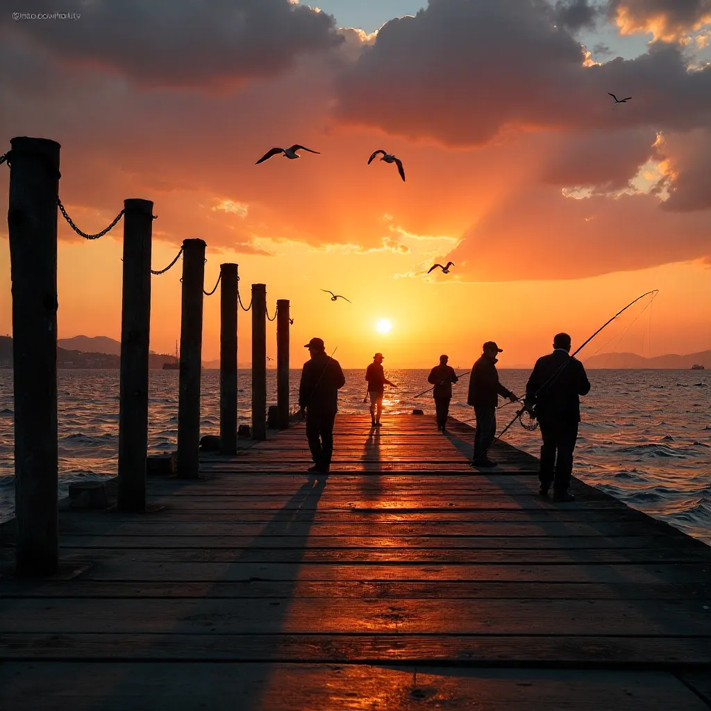 Silhouettes Fishing on Degirmendere Pier at Sunset