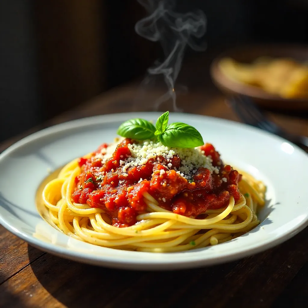 Vibrant Tomato and Pesto Spaghetti on White Plate