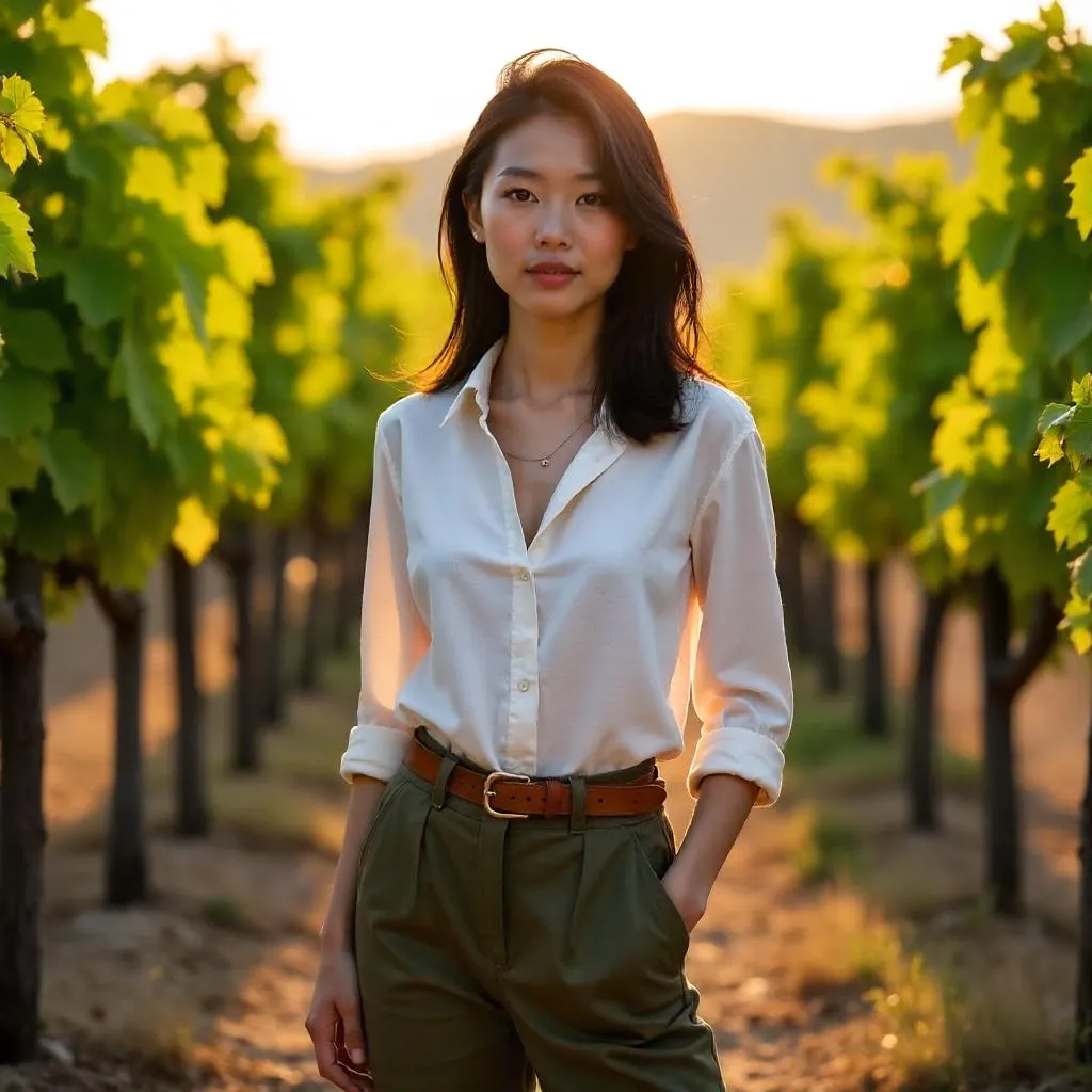 Confident Asian Woman in a Lush Vineyard