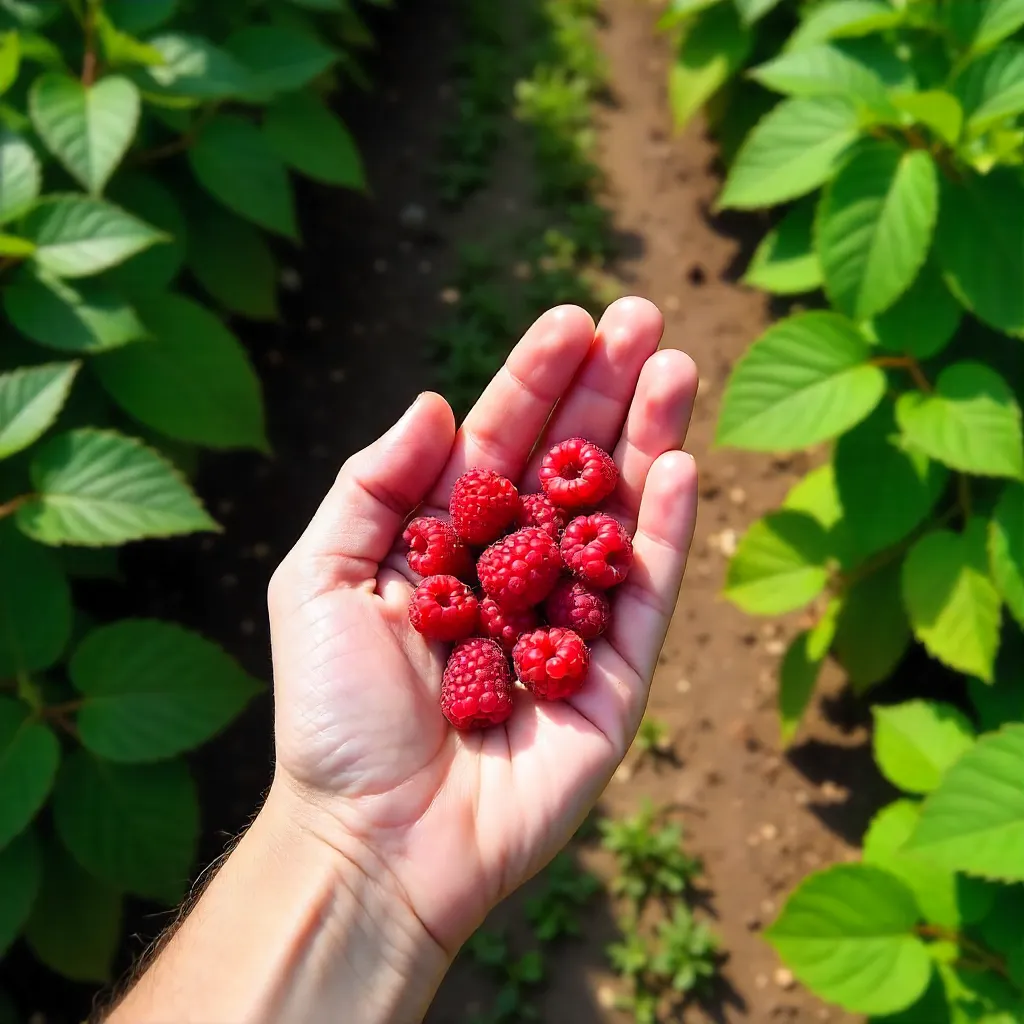 Bird's-eye view of raspberries in daylight