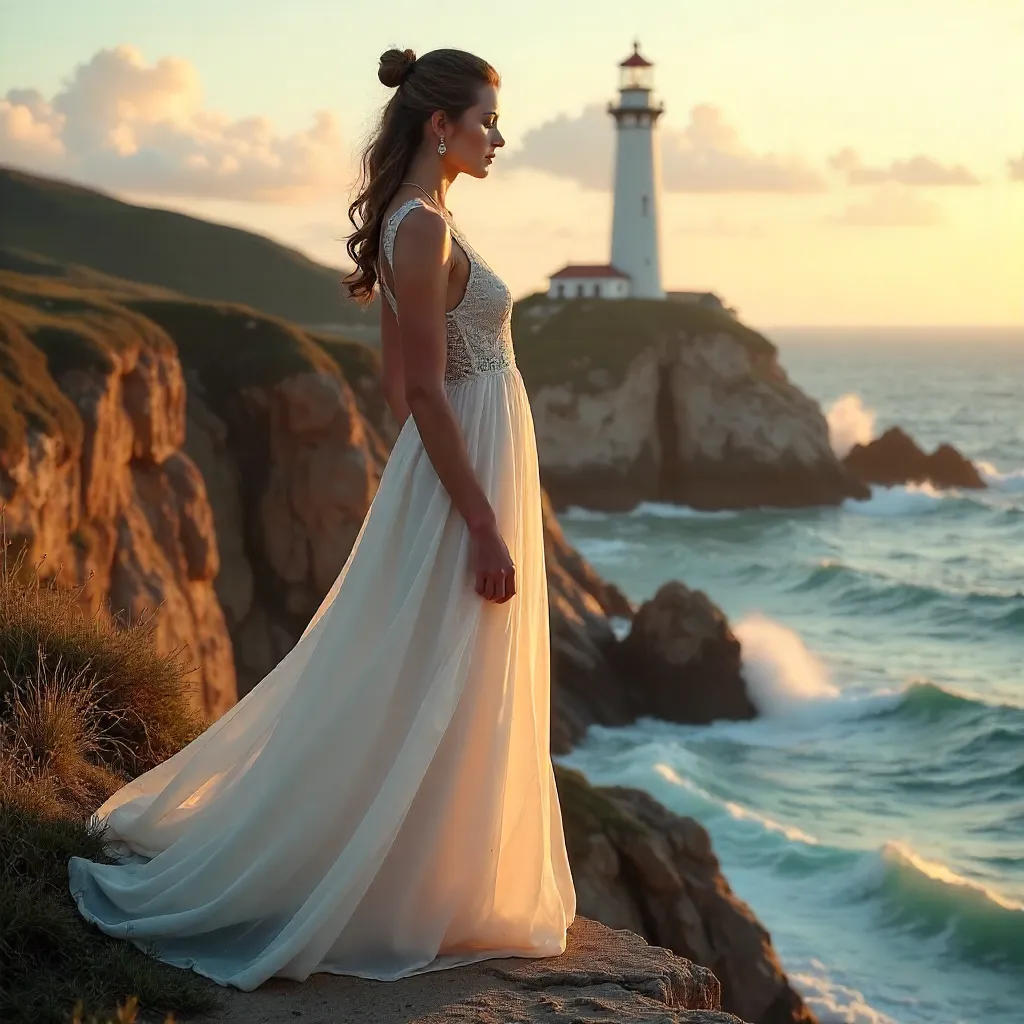 Elegant Woman in White by Cliff and Lighthouse