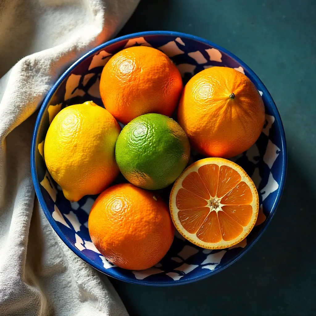 Vibrant Citrus Bowl: Patterned Dish of Colorful Fruits
