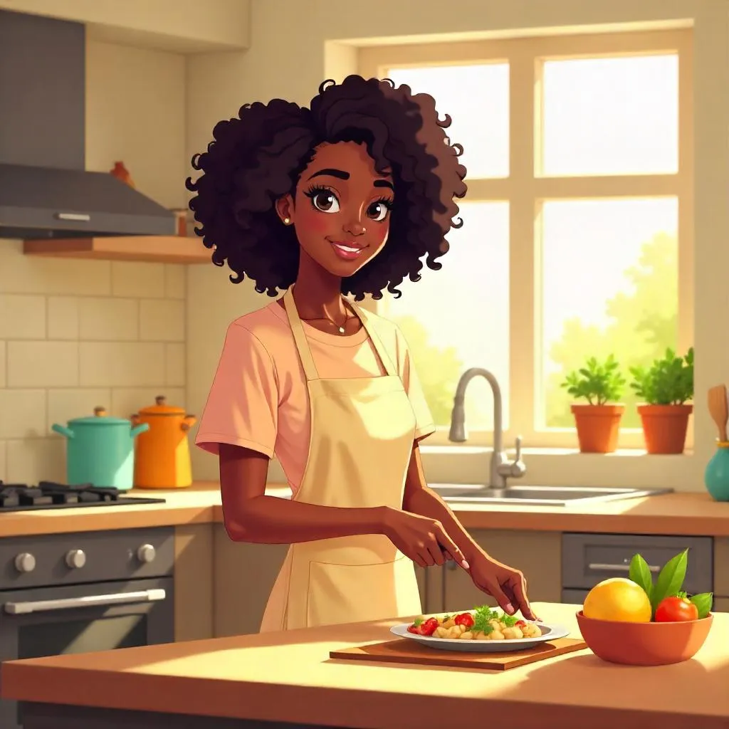 Anime-Style Black Woman in a Cozy Kitchen