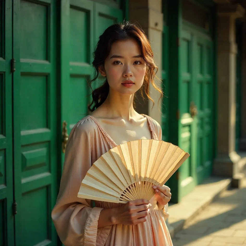 Elegant Woman with Folding Fan Before Verdant Green Doors