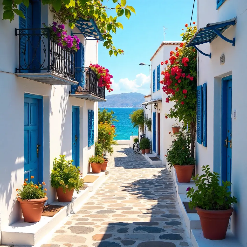 Narrow Parikia Street: Flowers and Cycladic Charm