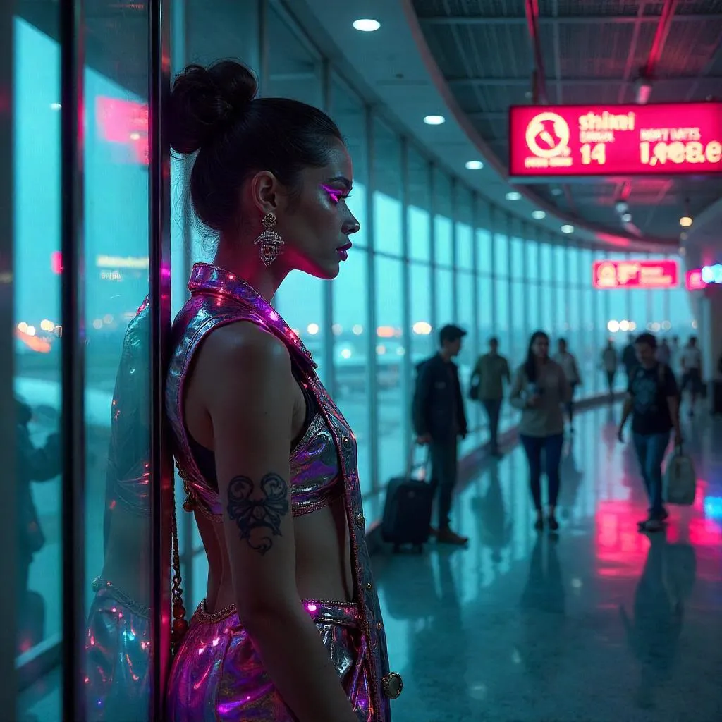 Neon Dawn: Indian Woman in a Cyberpunk Airport Terminal