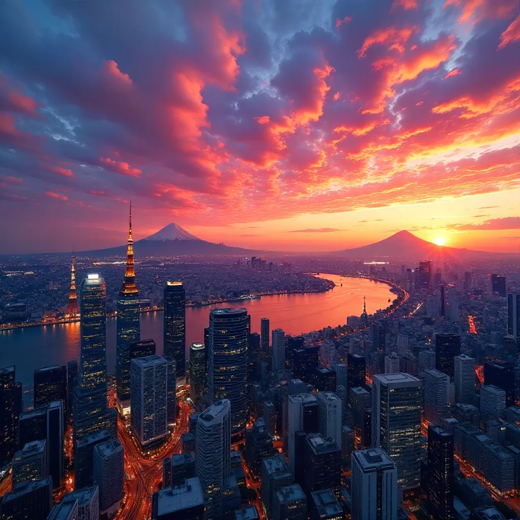 Tokyo Skyline Sunset with Mount Fuji Silhouette