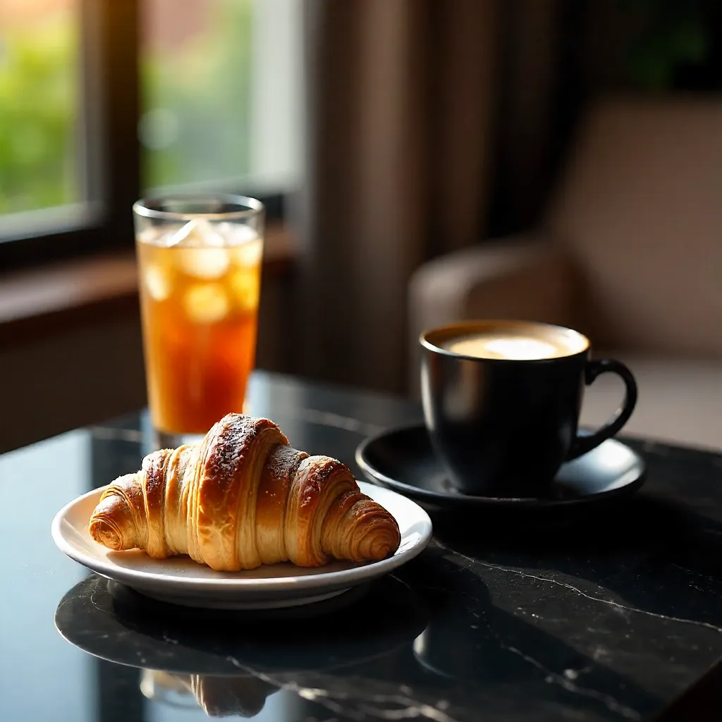 Morning Breakfast: Pastry, Iced Coffee, and Hot Drink