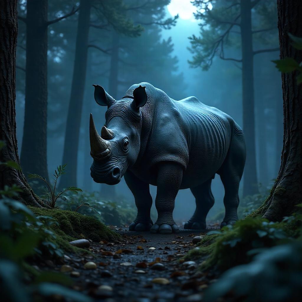 Nocturnal Rhino in a Shadowed Forest