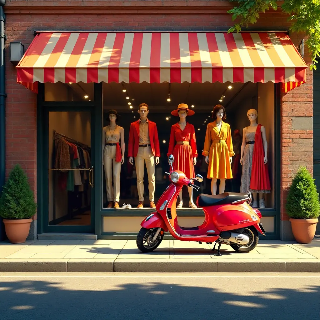 Sunlit storefront with vibrant clothing and a red scooter