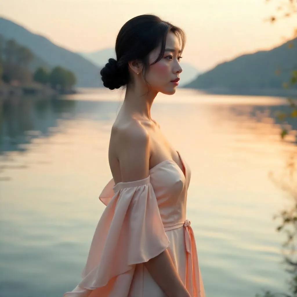 Elegant Asian Woman by a Tranquil Lake