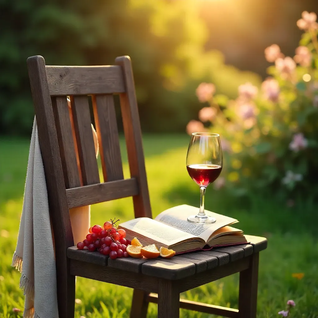 Sunlit Outdoor Chair with Book, Wine, and Fruit