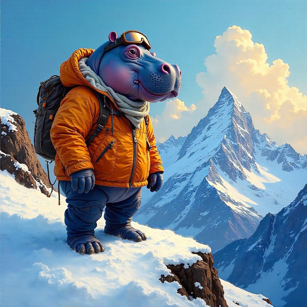 Hippo on a Snowy Summit in Oil Painting