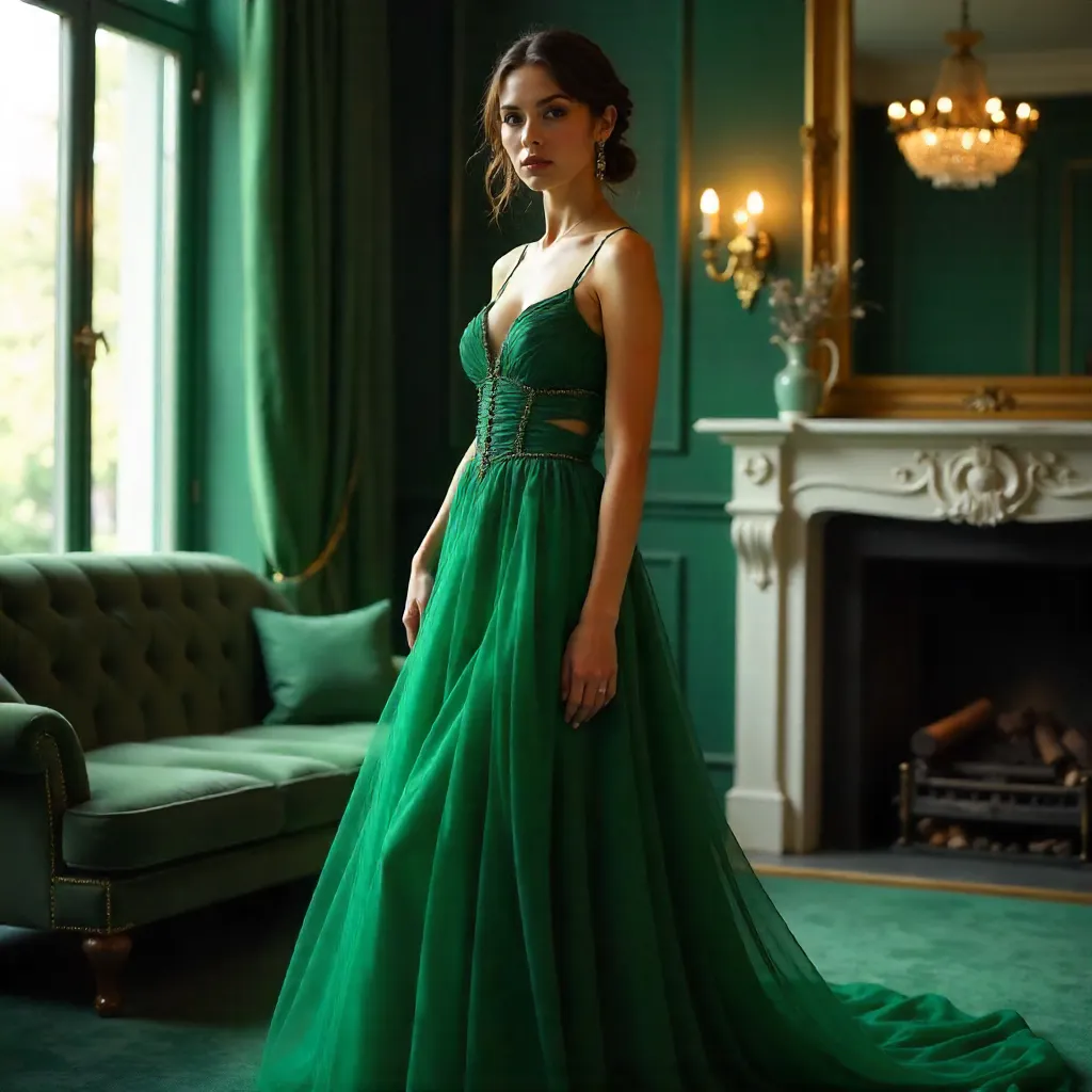 Emerald Sheer Gown Couture: Indoor Portrait