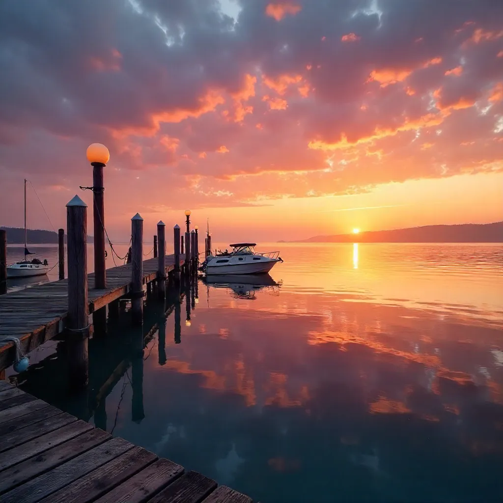 Serene Sunset at the Dock: Boats on Calm Waters