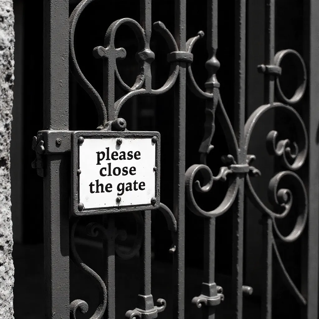 Close-Up of a Vintage Iron Gate with Sign