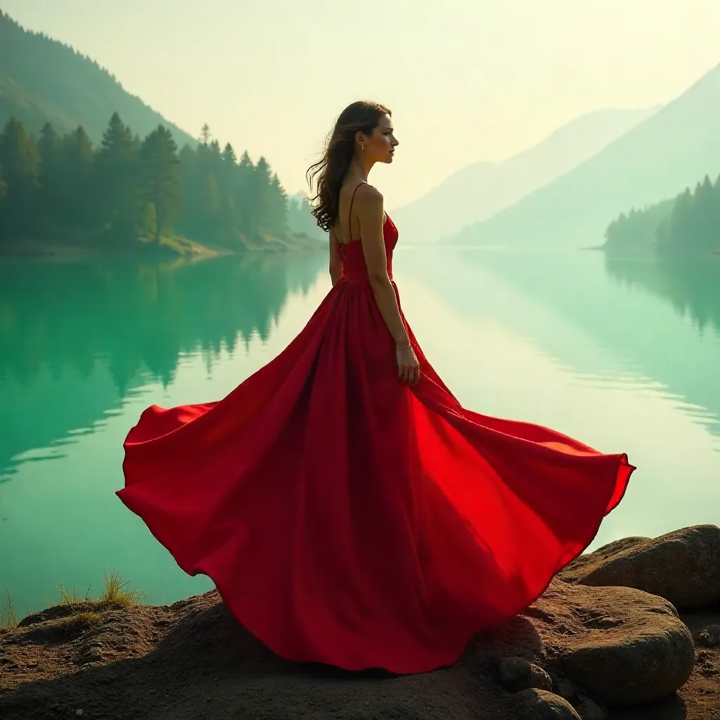 Red Dress by the Misty Turquoise Lake