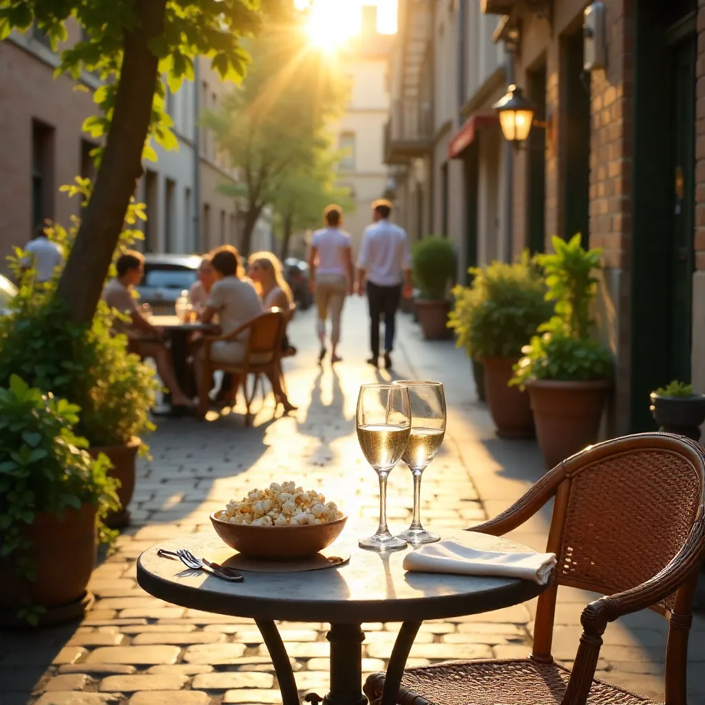 Charming Outdoor Café with Wine Glasses and Popcorn