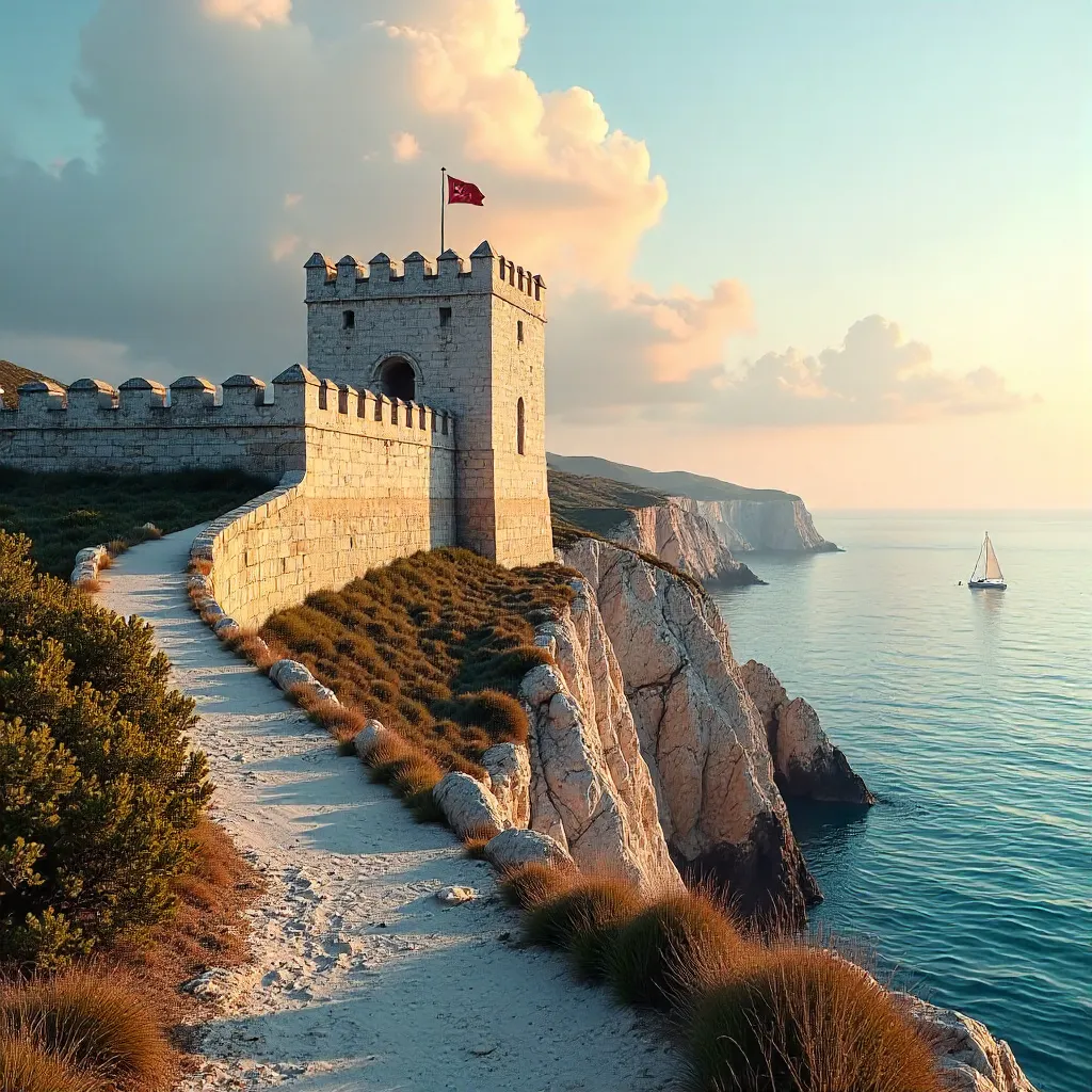Sesimbra Fort Overlooking Calm Sea and Sailboats