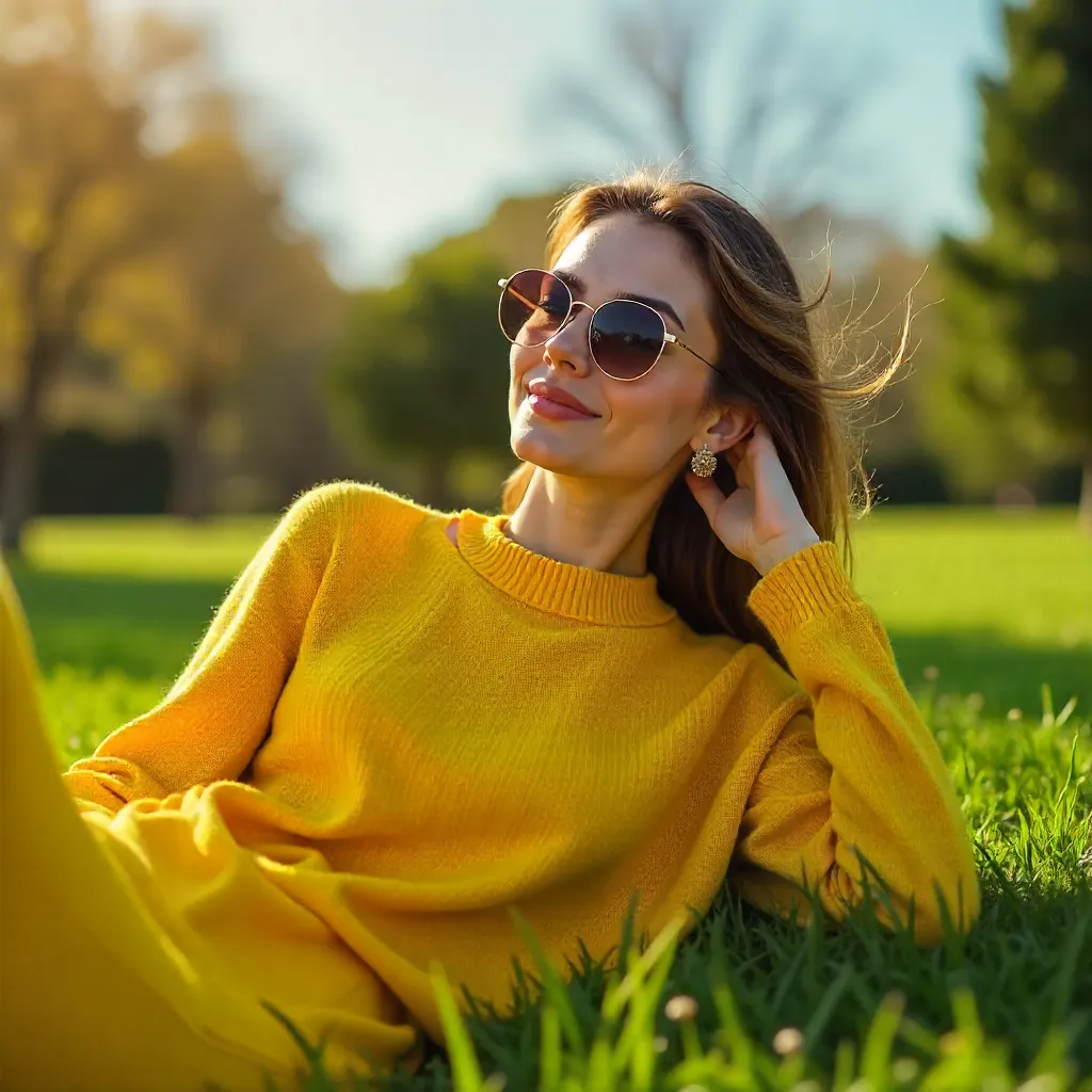 Carefree Chic: Woman in Yellow Sweater on Grass
