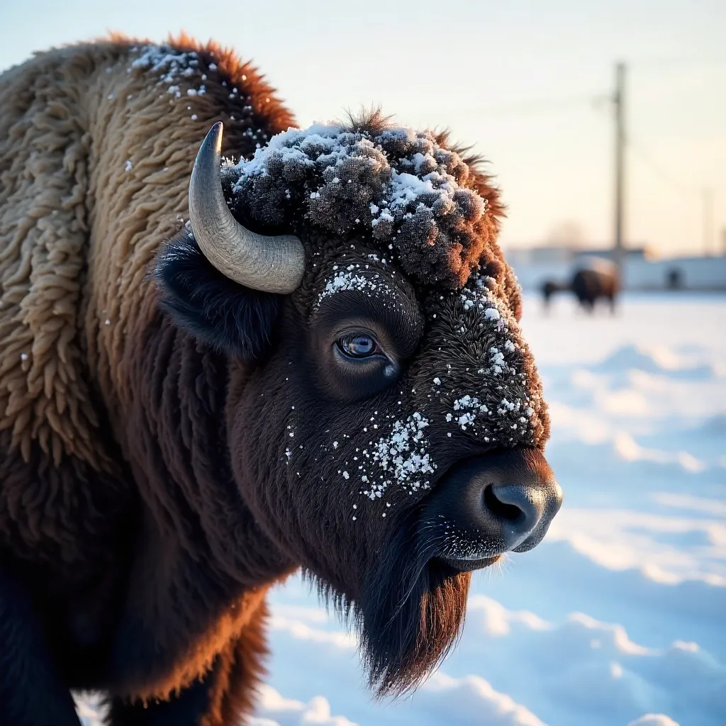 Close-Up Snow-Covered Bison in Commerce City